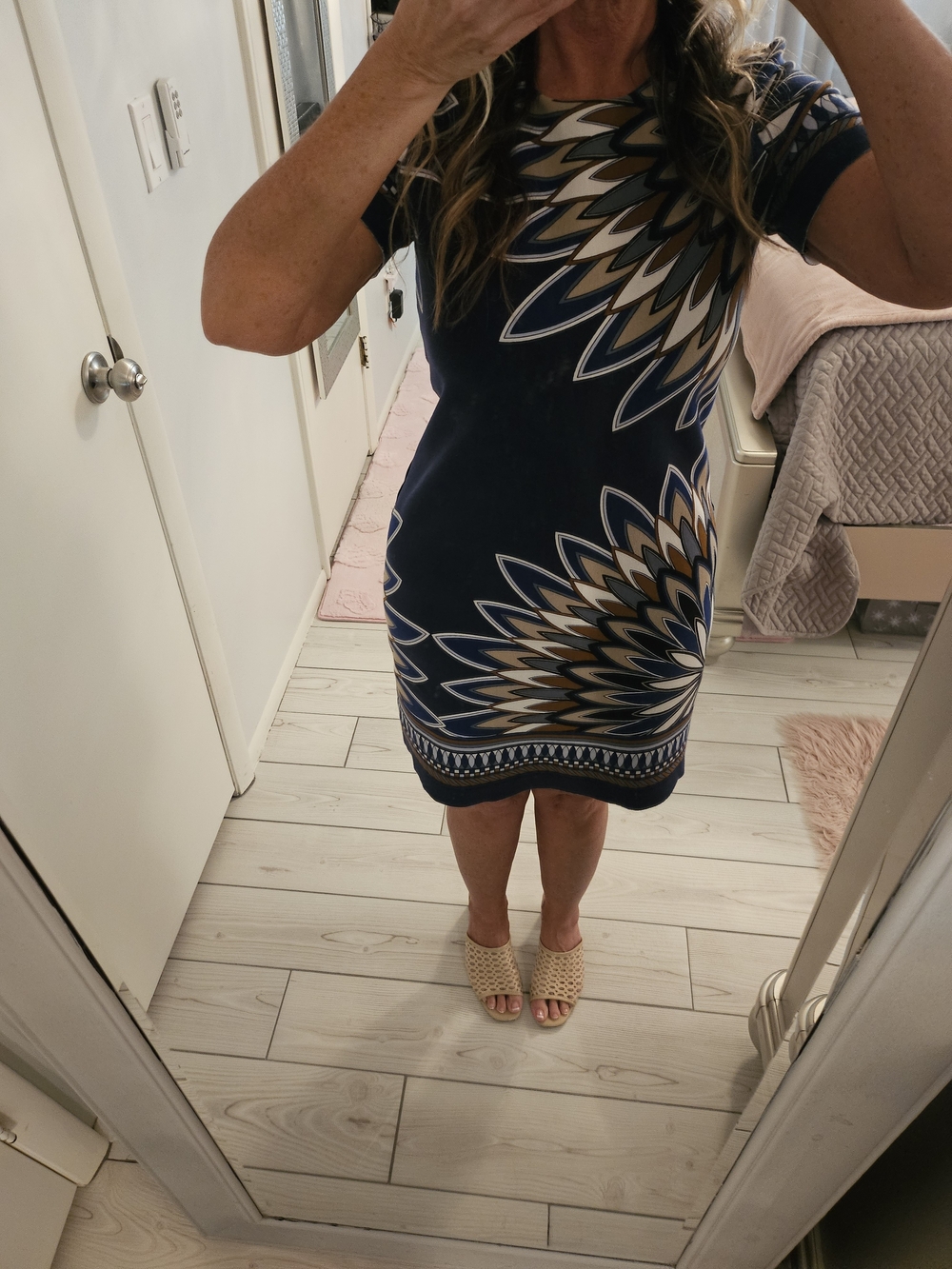 Tory Burch Navy Geometric Short Sleeve Sheath Dress with Tan and White Accents